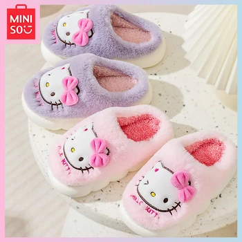 Miniso Hello Kitty Зимние Плюшевые Мультяшные Кавайные домашние нескользящие теплые Хлопчатобумажные тапочки Baotou с ворсинками, подарок на день рождения для девочек