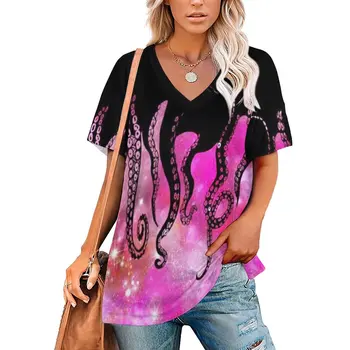 Новая летняя женская футболка с коротким рукавом, футболки с V-образным вырезом и изображением звездного неба, разноцветного осьминога