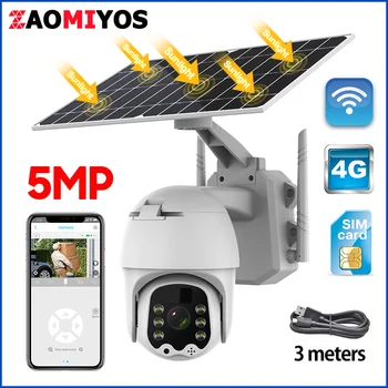 ZAOMIYOS 5MP Камеры Наблюдения на солнечных Батареях Перезаряжаемые 4G WIFI PTZ Видеонаблюдение Наружная Камера Безопасности PIR Color Night