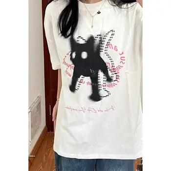Свободная футболка с короткими рукавами и принтом Кота, японские Кавайные Топы Y2k, Эстетическая Уличная Женская футболка, Хлопковые Футболки в стиле Гранж Харадзюку