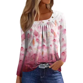 Женские футболки, весенне-осенние топы 2023, нарядные повседневные блузки с длинным рукавом, цветочный принт, декор на пуговицах, элегантные рубашки