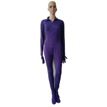 Женский комбинезон на Хэллоуин, костюмы для косплея, комбинезоны из спандекса фиолетового цвета, передняя молния без капюшона