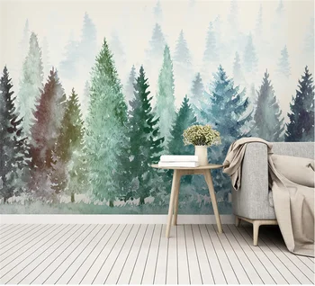 Изготовленная на заказ фреска из дерева маленькая свежая акварельная ручная роспись леса туманный лес интерьер спальни фон стены 3d обои