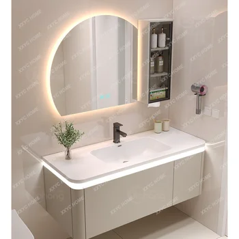 Qimeishi Цельный Умывальник Шкафчик для ванной в кремовом стиле Современная Светлая Ванная Комната Роскошный Умывальник для умывания лица