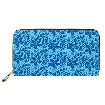 Полинезийский Племенной самоанский Дизайн Plumeria, Женский кошелек, Длинный кошелек с сублимационной печатью на молнии из искусственной кожи, Синий кошелек на заказ для дам