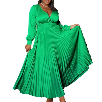 Африканские платья Макси для женщин, осенние элегантные африканские платья с длинным рукавом и V-образным вырезом, однотонные вечерние платья в складку, Африканская одежда
